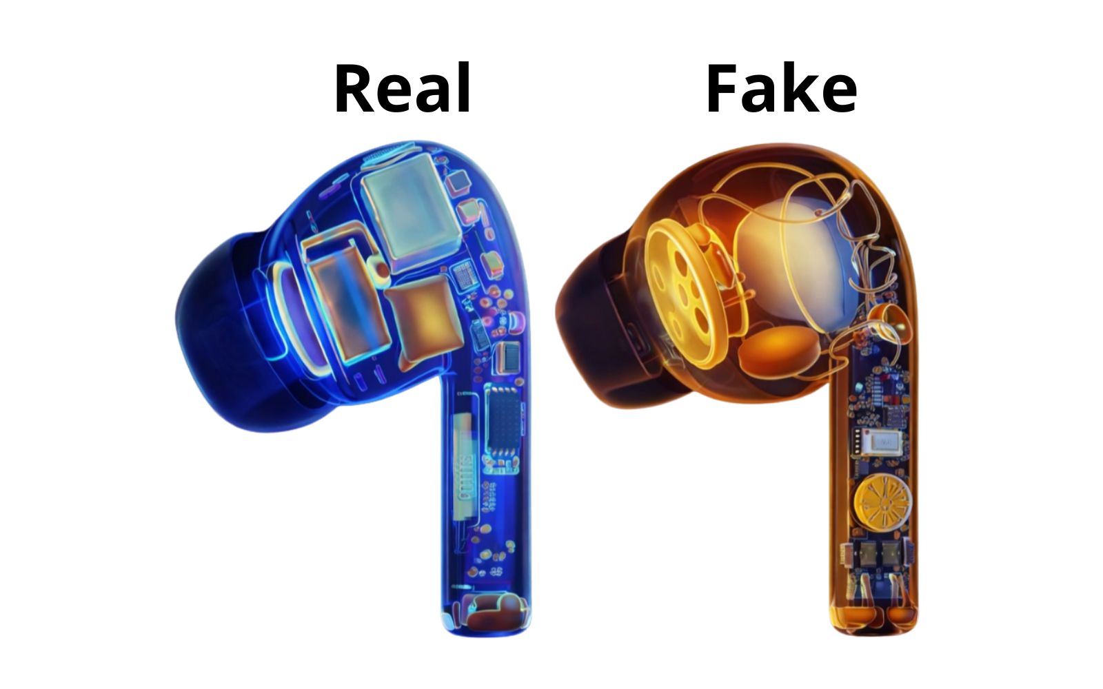 Comparação técnica entre AirPods originais Apple e AirPods falsificados